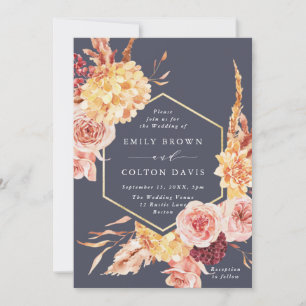 Invitation Burgundy Terracotta Gold Floral Mariage violet