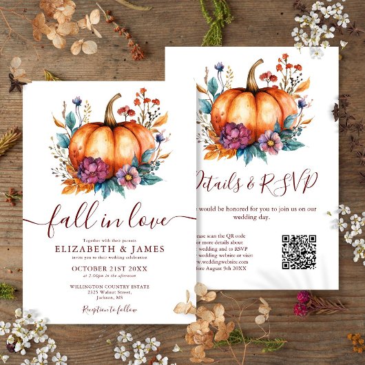 Invitation Burgundy Tombez Amoureux Citrouille Code QR Mariag