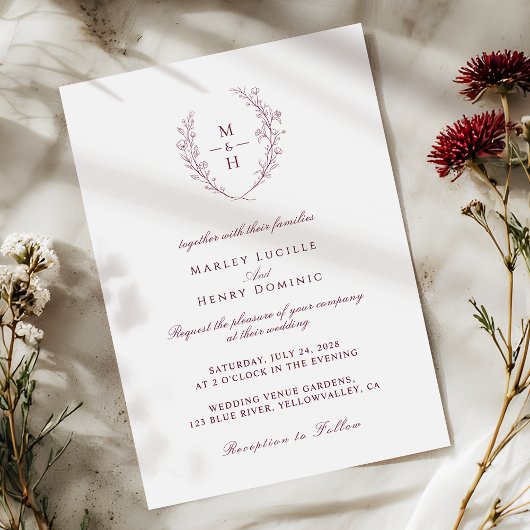 Invitation Burgundy Typography Wildflower Monogram Wedding