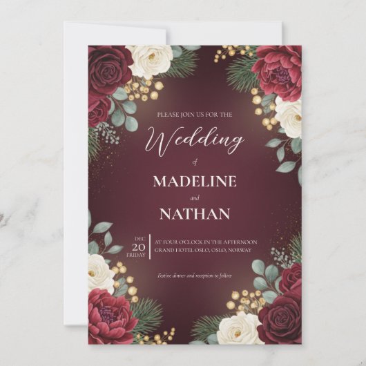 Invitation Burgundy Velvet Floral Christmas Wedding (Devant)