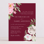 Invitation Burgundy Watercolor<br><div class="desc">Un élégant faire-part de mariage fleuri aux fleurs d'aquarelle rose et à la calligraphie manuscrite moderne sur un arrière - plan rouge bordeaux.</div>