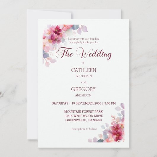Invitation Burgundy Watercolor Floral Calligraphy Wedding (Devant)