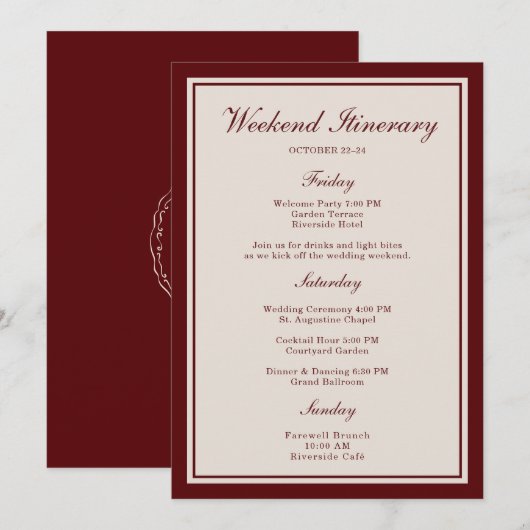 Invitation Burgundy Wedding Weekend Itinerary Card (Devant / Derrière)