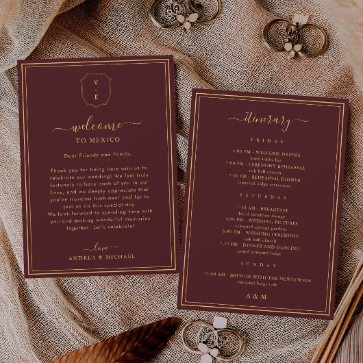 Invitation Burgundy Wedding Welcome Letter & Itinerary Card