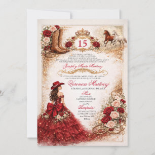 Invitation Burgundy Western Quinceañera Rose Rouge Cowgirl