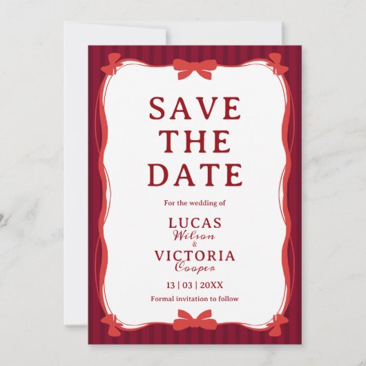 Invitation Burgundy Whimsical Red Bow Save The Date (Devant)
