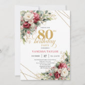 Invitation Burgundy white floral greenery style 80th birthday (Devant)