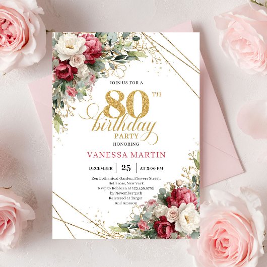 Invitation Burgundy white floral greenery style 80th birthday