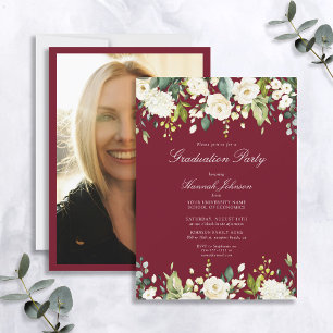 Invitation Burgundy White Floral Photo Party Graduation