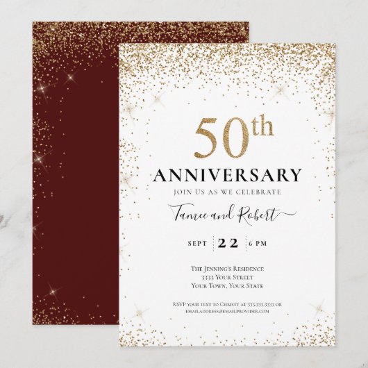 Invitation Burgundy White Gold 50th Wedding Anniversary  (Devant / Derrière)