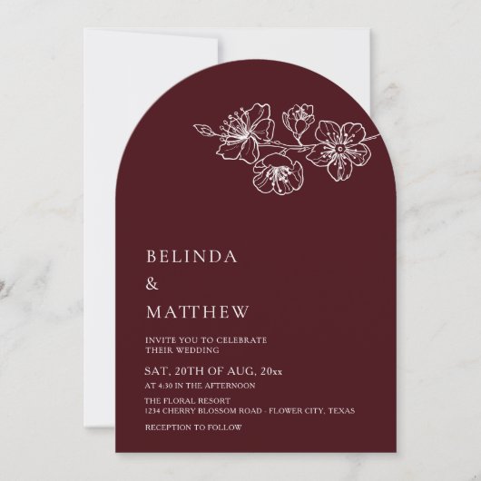 Invitation Burgundy White Line Art Minimalist Wedding (Devant)