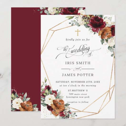 Invitation Burgundy White Rust Orange Floral Church Wedding   (Devant / Derrière)