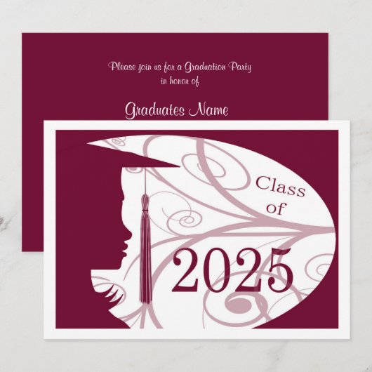 Invitation Burgundy & White Silhouette 2025 Graduation Party (Devant / Derrière)