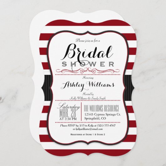 Invitation Burgundy & White Stripes; Elégante Fête des mariée (Devant / Derrière)