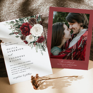 Invitation Burgundy Winter Floral Photo Back Wedding