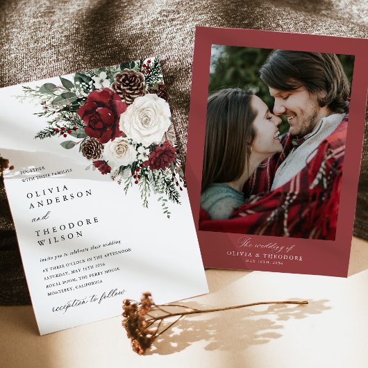 Invitation Burgundy Winter Floral Photo Back Wedding