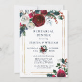 Invitation Burgundy Winter Roses Foliing REHEARSAL DÎNER (Devant)