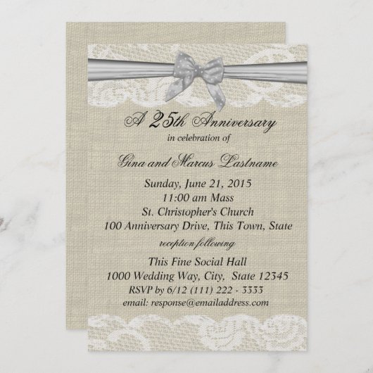 Invitation Burlap and Lace with Silver Bow 25th Anniversary (Devant / Derrière)