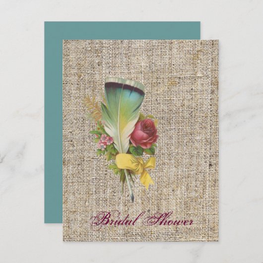 Invitation burlap boho plume fleur sauvage bohème mariage (Devant / Derrière)