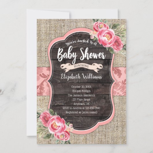 Invitation Burlap Bois Fleurs roses Baby shower fille (Devant)