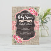 Invitation Burlap Bois Fleurs roses Baby shower fille (Debout devant)