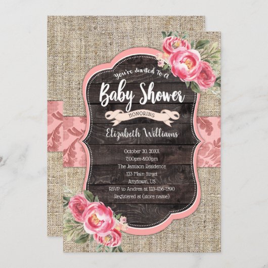 Invitation Burlap Bois Fleurs roses Baby shower fille (Devant / Derrière)