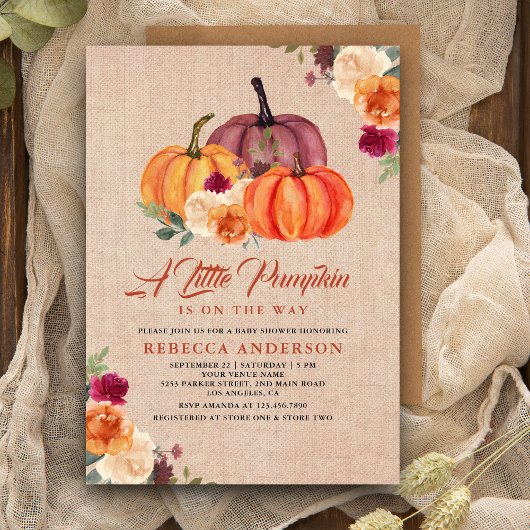 Invitation Burlap Brûlé Orange Citrouille Floral Baby shower