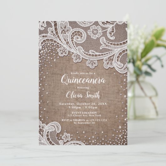 Invitation Burlap dentelle argent parties scintillant rustiqu (Debout devant)