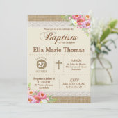 Invitation Burlap Dentelle Florale Christening Baptême Rustiq (Debout devant)