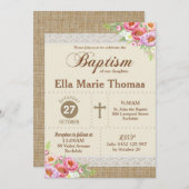 Invitation Burlap Dentelle Florale Christening Baptême Rustiq (Devant / Derrière)