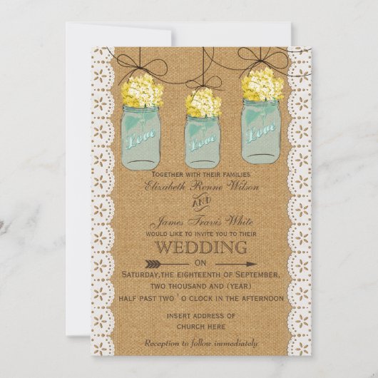 Invitation Burlap Dentelle jaune hydrangée mason jarres invit (Devant)