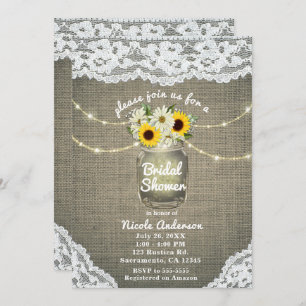 Invitation Burlap Dentelle tournesol & marguerites Mason Jar