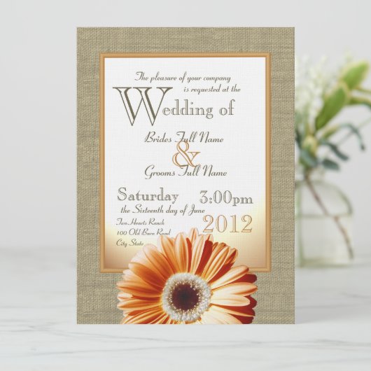 Invitation Burlap et Bow Orange Gerbera Daisy Mariage (Debout devant)