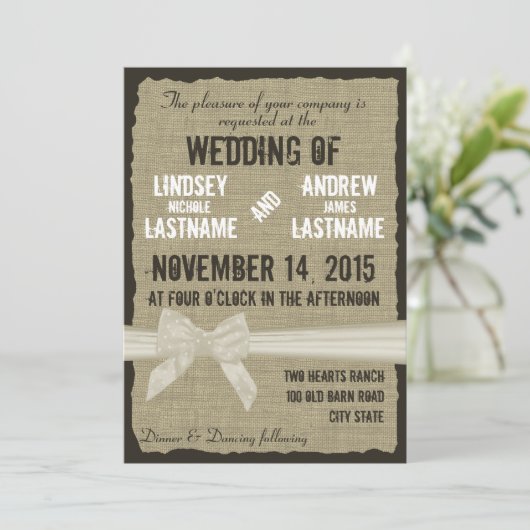Invitation Burlap et Bow Rustique Mariage Antique Blanc (Debout devant)