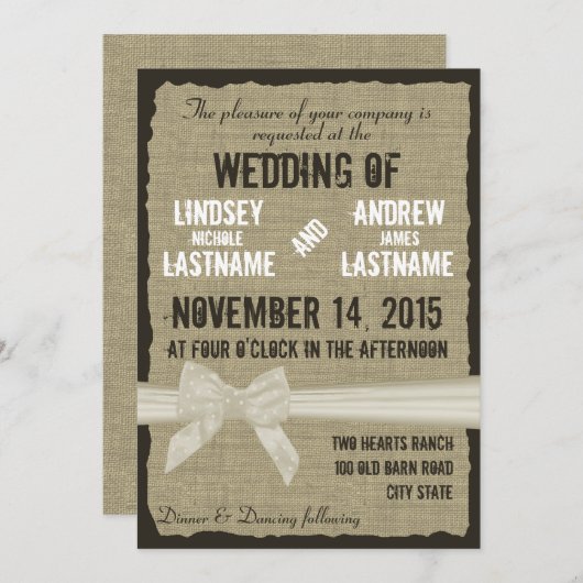 Invitation Burlap et Bow Rustique Mariage Antique Blanc (Devant / Derrière)