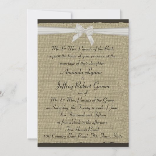 Invitation Burlap et Bow rustiques (Devant)