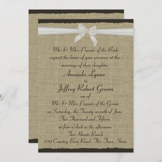 Invitation Burlap et Bow rustiques (Devant / Derrière)