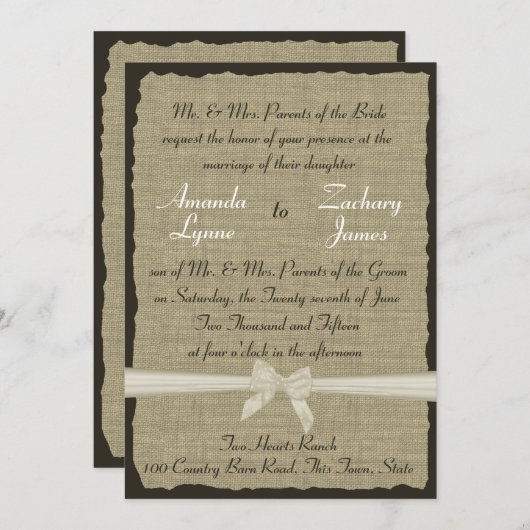 Invitation Burlap et Bow rustiques (Devant / Derrière)