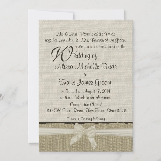 Invitation Burlap et Bows Mariage campagnard rustique (Devant)