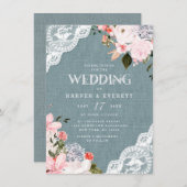 Invitation Burlap et dentelle Rustique Dusty Blue Floral Mari (Devant / Derrière)