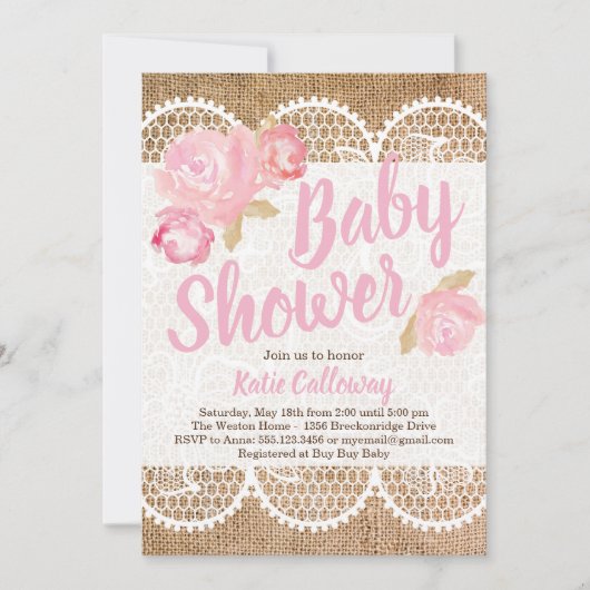 Invitation Burlap et dentelle Shabby Chic Baby shower Invitat (Devant)