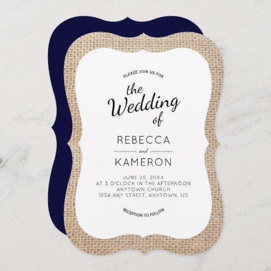 Invitation Burlap et Navy Blue Bracket Frame Wedding Invitati (Devant / Derrière)
