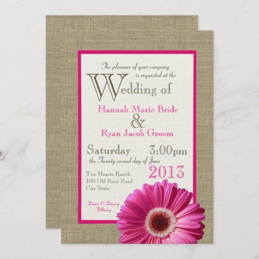 Invitation Burlap Fuchsia Gerbera Daisy Mariage (Devant / Derrière)