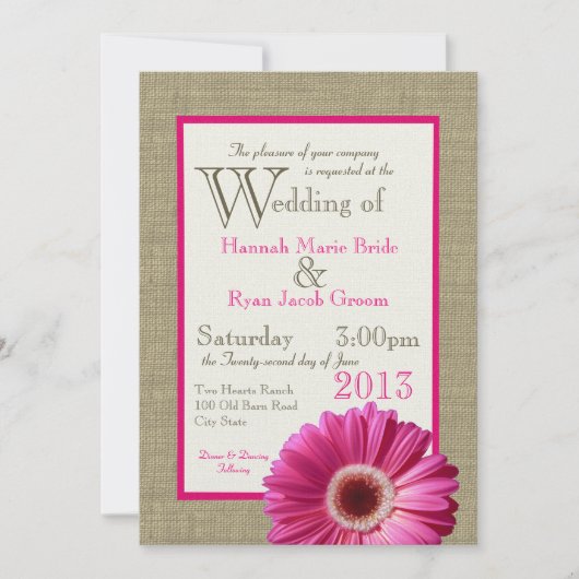 Invitation Burlap Fuchsia Gerbera Daisy Mariage (Devant)