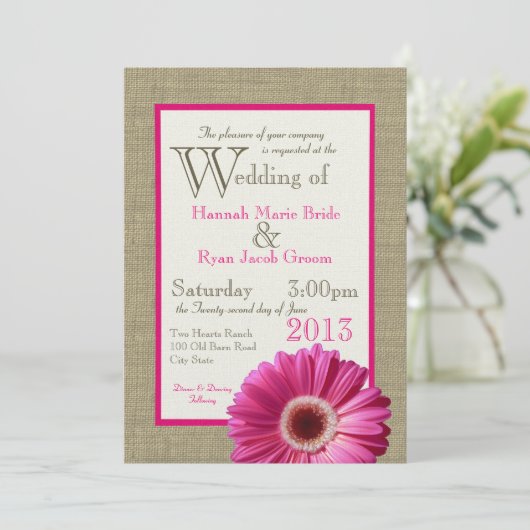 Invitation Burlap Fuchsia Gerbera Daisy Mariage (Debout devant)