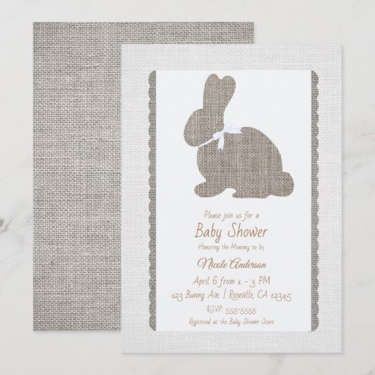 Invitation Burlap gris blanc Grotte rustique Baby shower de P (Devant / Derrière)