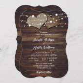 Invitation Burlap Hearts Éclairages à cordes Mariage en bois (Devant / Derrière)