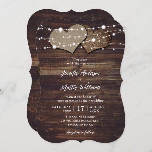 Invitation Burlap Hearts Éclairages à cordes Mariage en bois (Devant / Derrière)