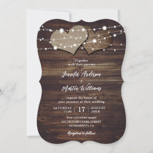 Invitation Burlap Hearts Éclairages à cordes Mariage en bois