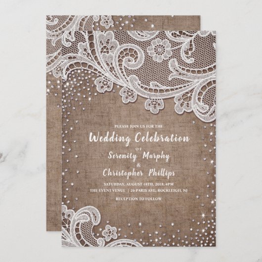 Invitation Burlap Lace argent parties scintillant mariage cam (Devant / Derrière)